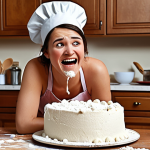 **

A humorous depiction of a failed cake baking attempt. Focus on relatable messiness and a sense of "learning from mistakes." Include elements like a collapsed cake, flour spills, and someone looking slightly exasperated but ultimately smiling. The scene should evoke a feeling of perseverance.

**