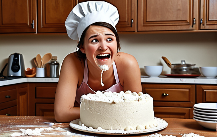 **

A humorous depiction of a failed cake baking attempt. Focus on relatable messiness and a sense of "learning from mistakes." Include elements like a collapsed cake, flour spills, and someone looking slightly exasperated but ultimately smiling. The scene should evoke a feeling of perseverance.

**